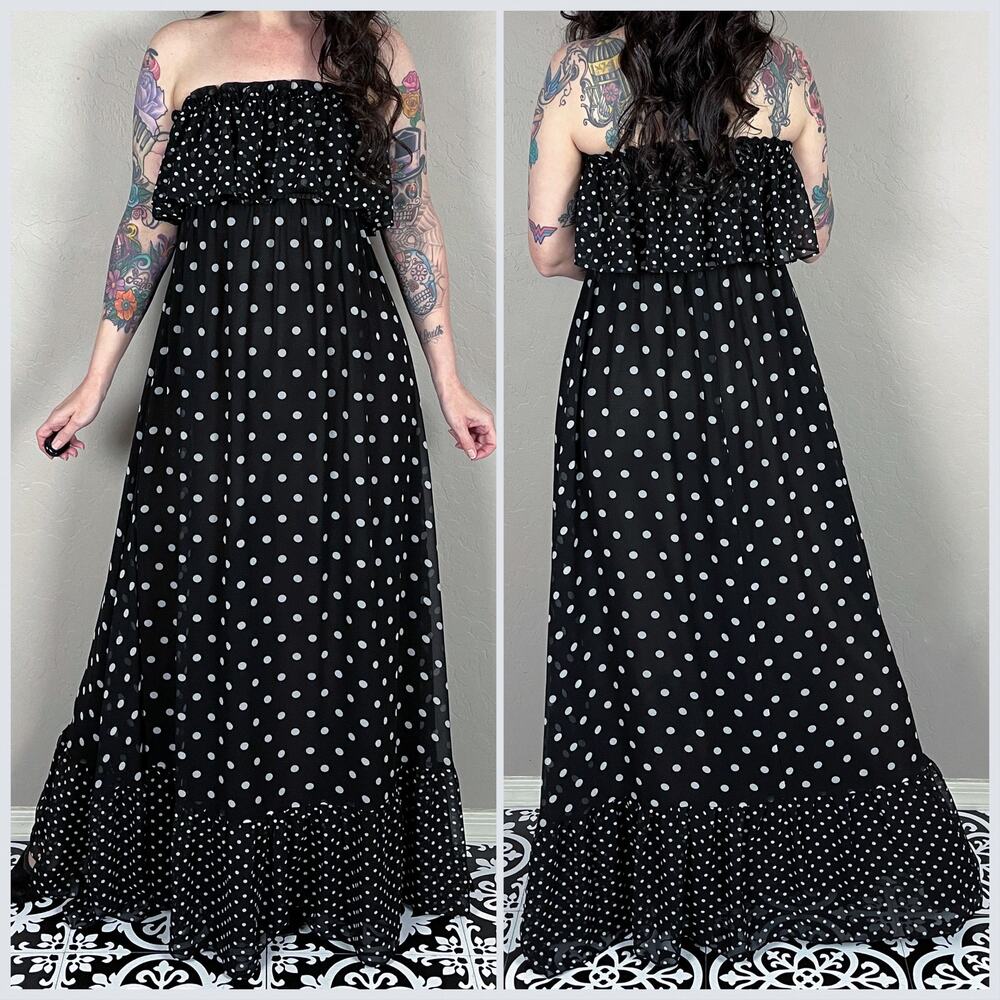 Vintage Y2K Black and White Polka Dot Strapless Ruffle Chiffon Maxi Dress - Picture 4 of 8